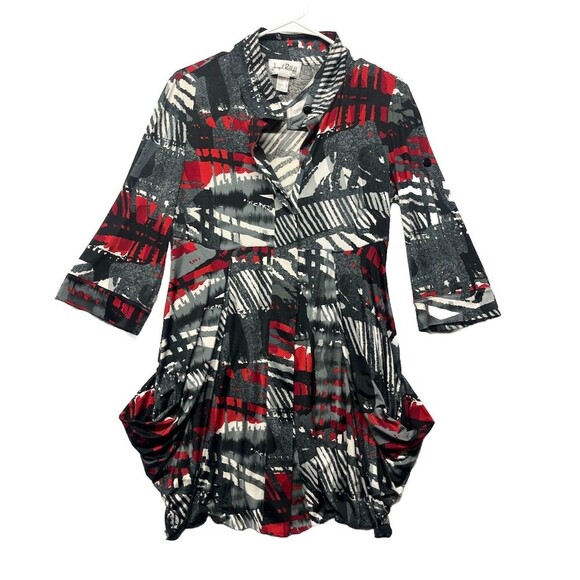 JOSEPH RIBKOFF Size 6 Grafitti Black button down Blouse tunic Top 3/4 Sleeve - Picture 1 of 3